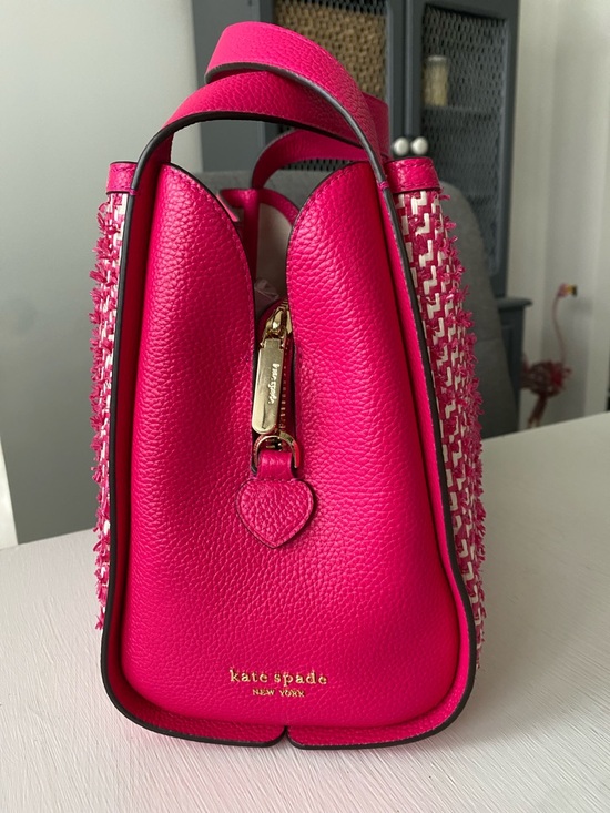 Kate Spade Knott Raffia Tweed Medium Crossbody Satchel, Wild Raspberry Pink Bag - Picture 8 of 14